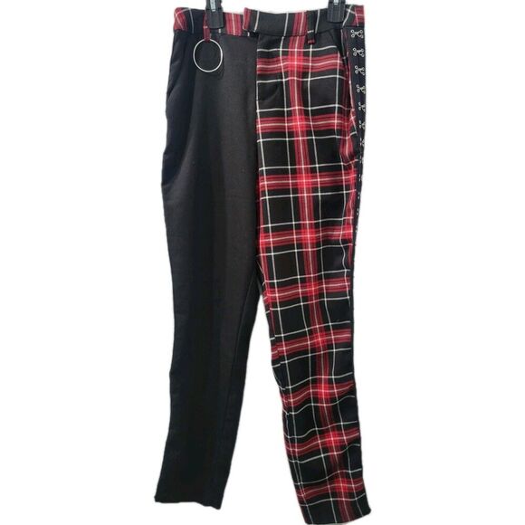 Hot Topic Womens Pant S Black Red Plaid Split Leg Punk Goth Pants Elastic Waist - Picture 2 of 13